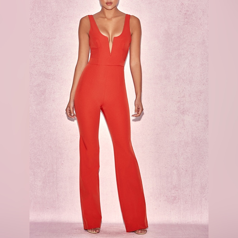 NWT House of CB Natalja Red V Plunge Jumpsuit XS
